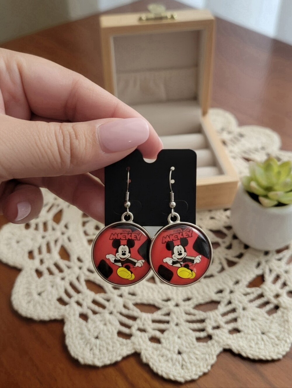 ​Retro Disney Mickey Mouse Round Cabochon Dangle Earrings